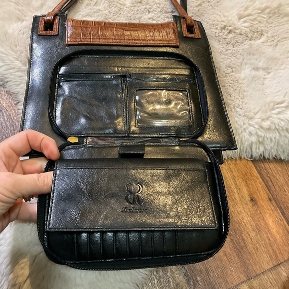 Vintage Bellerose Brown Croc Black Shoulder‎ Bag Purse Wallet Attached Leather - Picture 9 of 15
